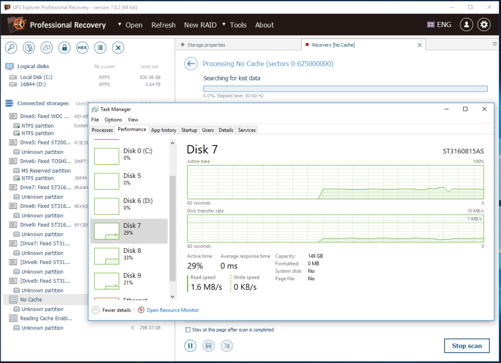 Scanning RAID-5 without reading cache with read speeds about 1.6MBps