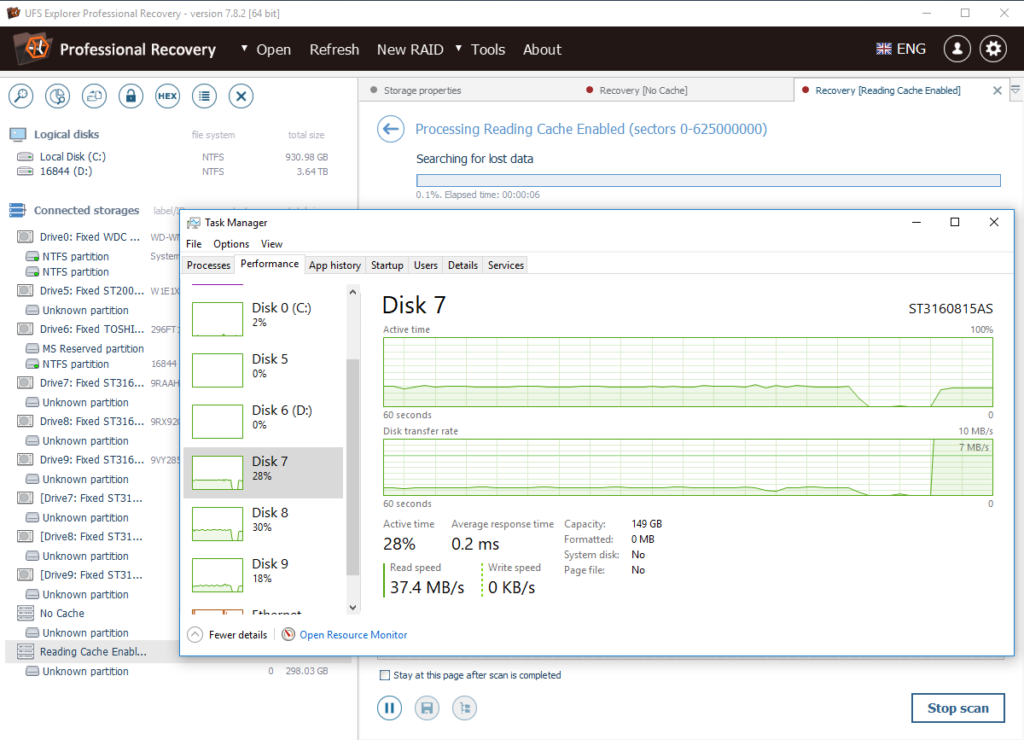 Scanning RAID-5 with reading cache with read speeds about 37.4MBps